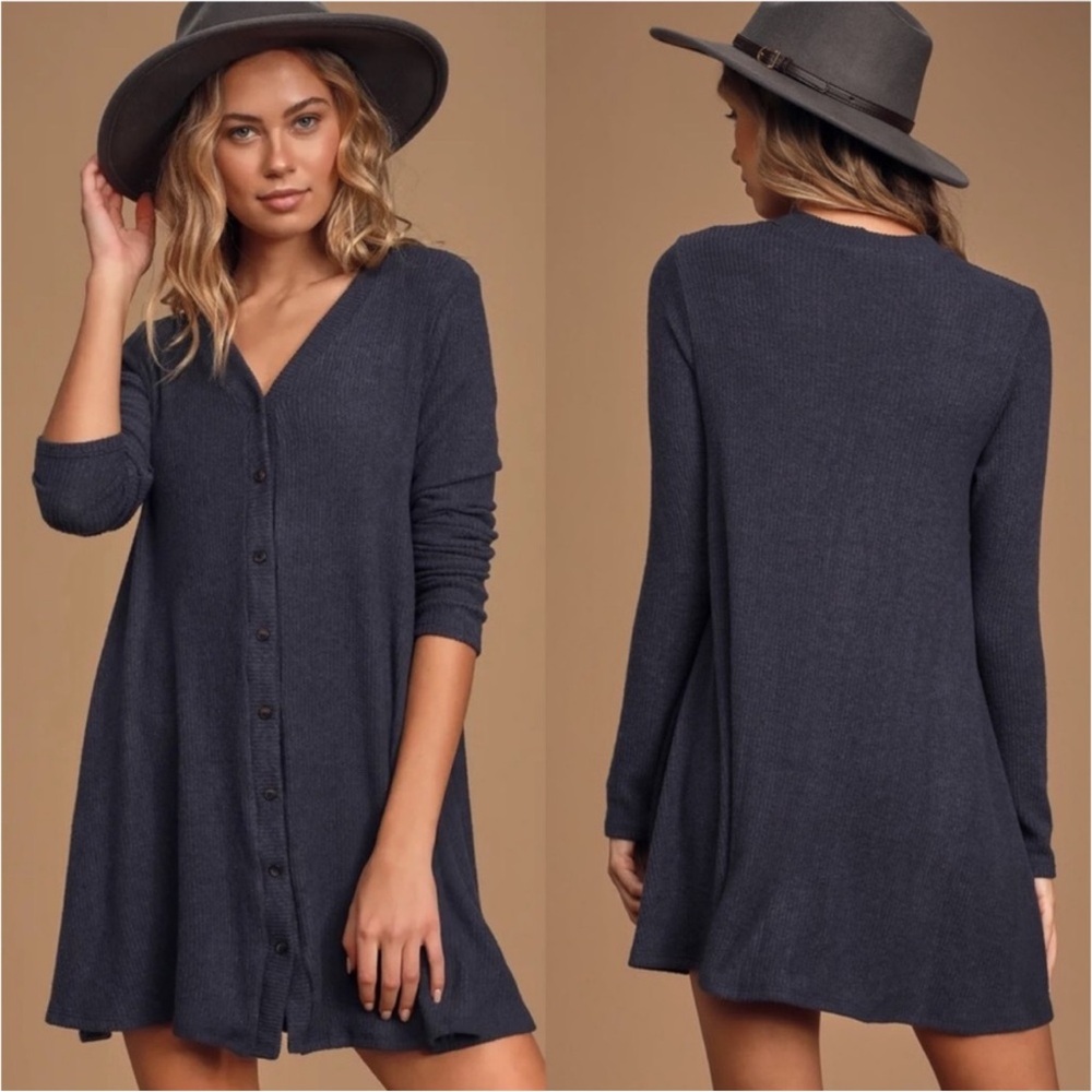Lulus sweet comfort Heather navy blue button down mini dress long sleeve